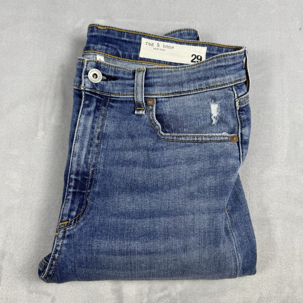 Rag & Bone High-Rise Ankle Skinny Jeans West Marin Blue Distressed 29